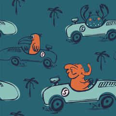 ?rab, toucan, elephant car funny cool summer t-shirt seamless pattern. Road trip vacation print design. Beach
