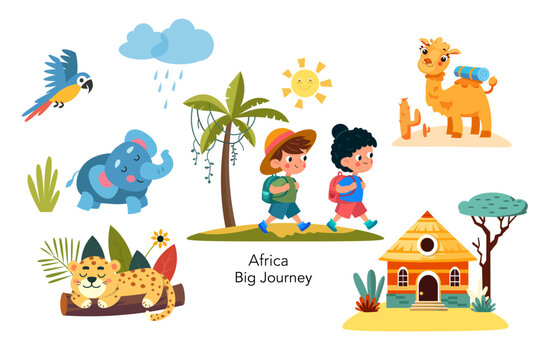 Cute stylised flat children with backpacks travelling through jungle. Cartoon funny animals, characters, exotic plants. Vector illustration.