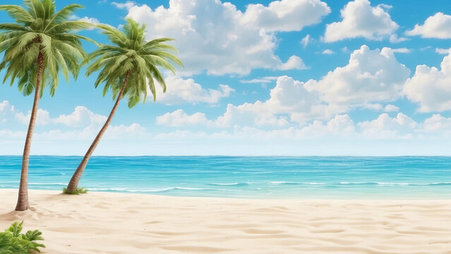 Beach background with white sand and blue sky, with coconut trees on the right and left. Background for summer. summer design elements. © AstamaAw