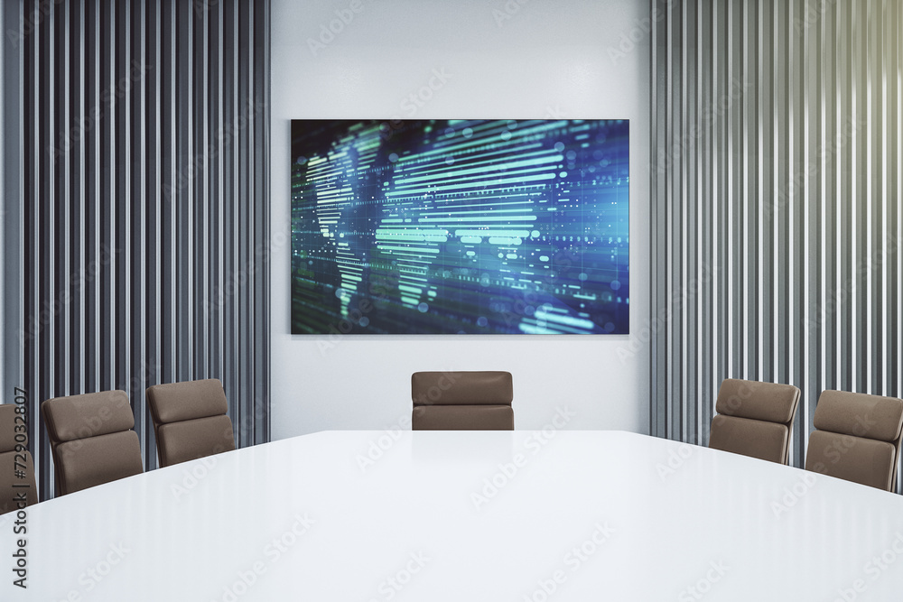 Poster Abstract graphic world map on presentation monitor in a modern boardroom, connection and communication concept. 3D Rendering