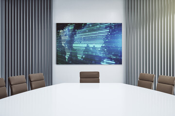 Abstract graphic world map on presentation monitor in a modern boardroom, connection and communication concept. 3D Rendering