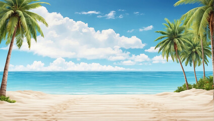 Fototapeta na wymiar Beach background with white sand and blue sky, with coconut trees on the right and left. Background for summer. summer design elements.