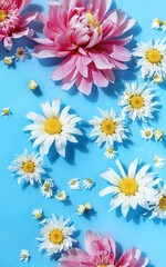 Fototapeta na wymiar Chamomile flowers and peonies floating on the water on a blue background