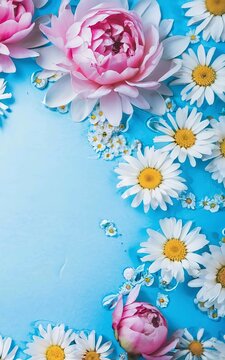 Chamomile flowers and peonies floating on the water on a blue background