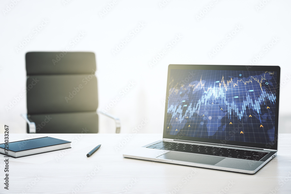 Aufkleber abstract creative financial diagram with world map on modern computer monitor, banking and accountin