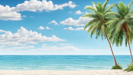 Fototapeta na wymiar Beach background with white sand and blue sky, with coconut trees on the right and left. Background for summer. summer design elements.