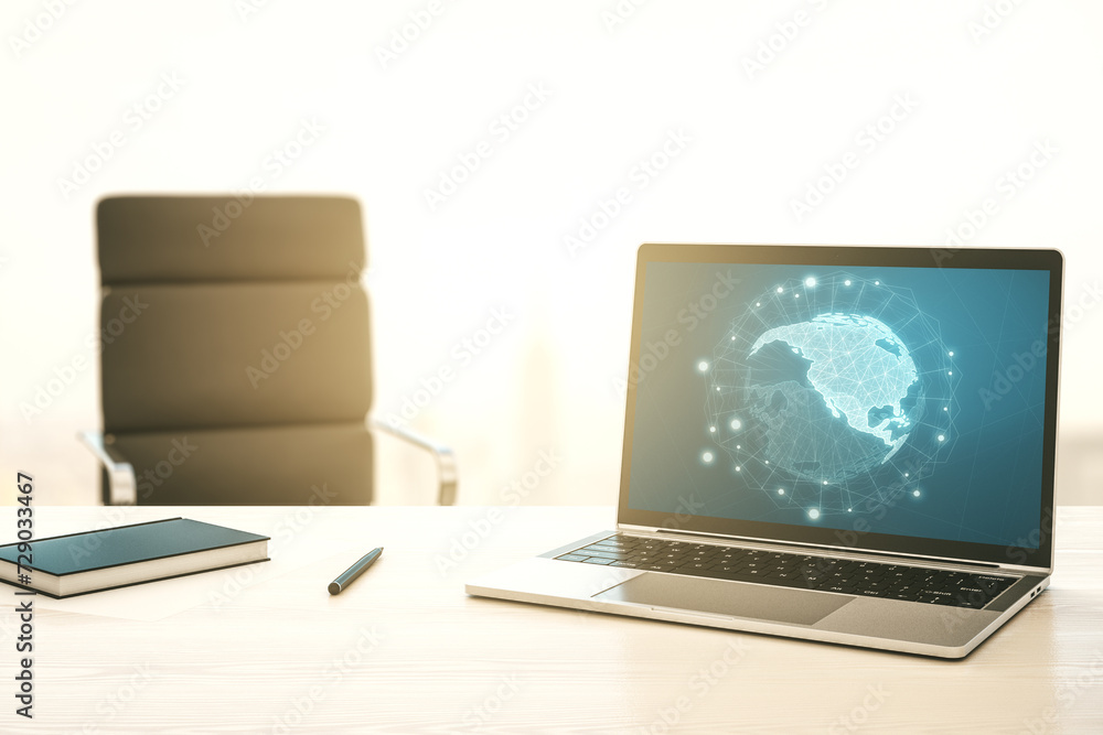 Poster modern computer monitor with america map, research and strategy concept. 3d rendering