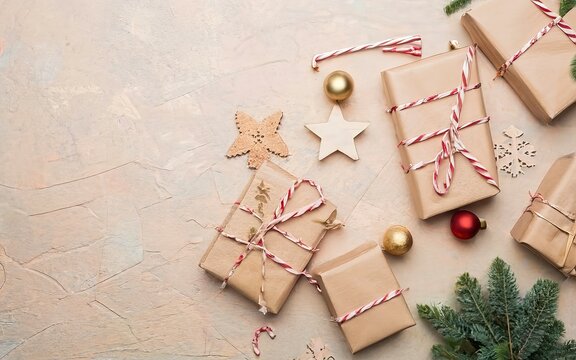 Christmas gifts on craft background