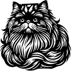 Black and white logo illustration of a Persian cat isolated on white background 