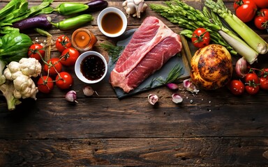 Culinary background with fresh vegetables and meat