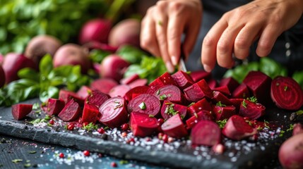 Fresh Beets Being Chopped on Board