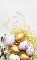 Obraz na płótnie Canvas Decorative Easter eggs and straw on a white background