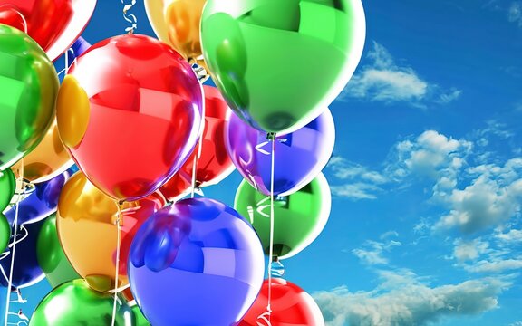 Multicolored balloons on a blue sky background. Concept of celebration, greeting banner, Birthday party
