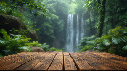 Wooden table top on outdoor waterfall green tropical forest nature background. Natural water product present placement pedestal counter display, spring summer jungle paradise concept.