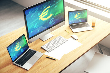 Creative EURO symbols illustration on modern computer monitor, forex and currency concept. 3D Rendering