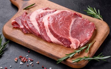 Raw beef on a wooden cutting board with rosemary. On a rustic dark background