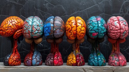 Colorful Brain Sculptures in a Row - obrazy, fototapety, plakaty