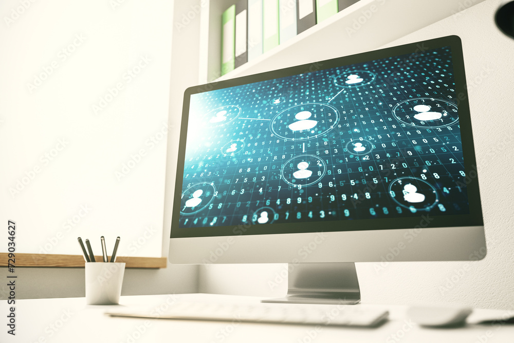 Aufkleber Modern computer monitor with social network icons concept. Marketing and promotion concept. 3D Rendering