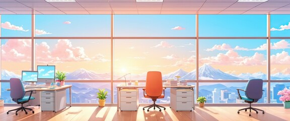 Illustration of office interior in anime style, peaceful landscape - obrazy, fototapety, plakaty