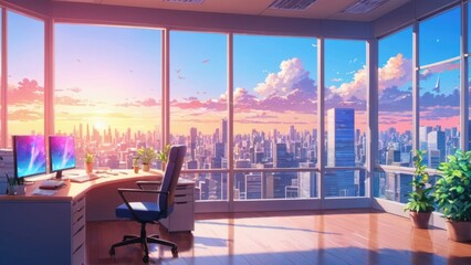 Illustration of office interior in anime style, peaceful landscape