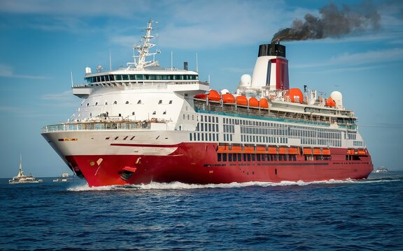 Red cruise liner. Large passenger ferry underway