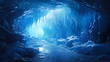 beautiful ice cave with a road leading to the blue light. Fantastic, colorful background with icicles - obrazy, fototapety, plakaty