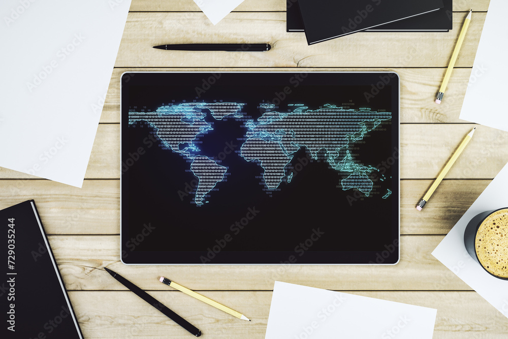 Poster top view of modern digital tablet monitor with abstract digital world map, research and strategy con