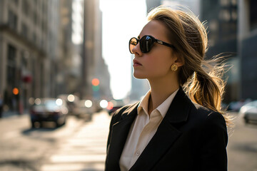 Fototapeta premium A stylish woman confidently struts down the busy city street, her sunglasses and suit exuding power and sophistication as she commands attention from those around her