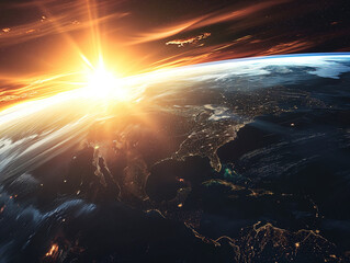 Fototapeta na wymiar A magnificent lens flare illuminates the vastness of outer space as the sun rises over the glistening waters of our precious earth in the ever-expanding universe