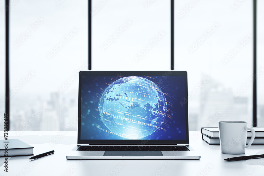 Leinwandbilder modern computer screen with abstract graphic coding sketch and world map, big data and networking co