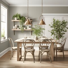 a farmhouse-inspired dining room with a contemporary twist. Picture a farmhouse table, modern chairs, and industrial lighting
