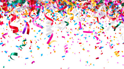 Colorful confetti and serpentine ribbons falling from above isolated on transparent
