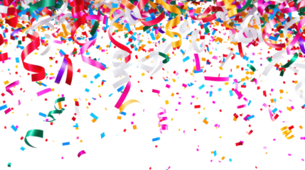 Colorful confetti and serpentine ribbons falling from above isolated on transparent