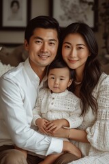Warm family portrait of an Asian couple with their smiling child