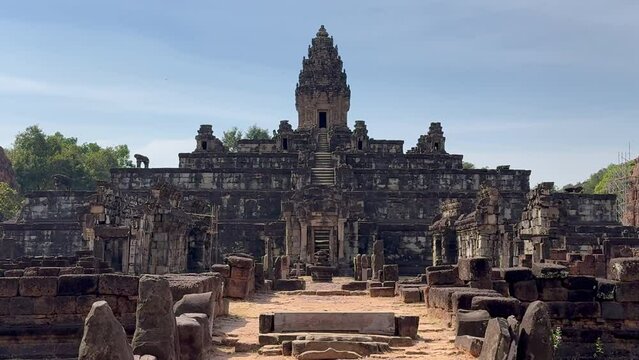 General view with a zoom on the mountain temple of Bakong at Angkor, east of Siem Reap. Dedicated to Shiva, built in 881 by King Indravarman I