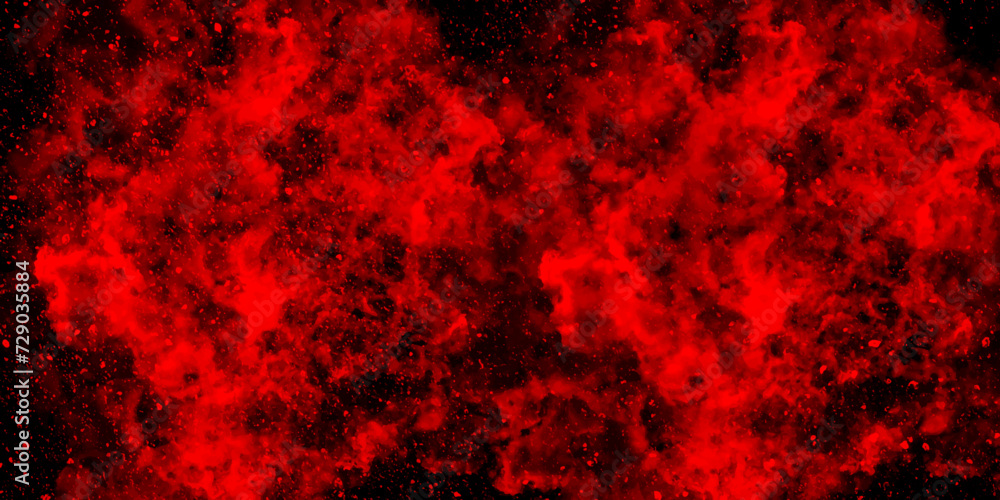 Fototapete abstract dynamic particles with fire red clouds on dark background. defocused lights and dust partic