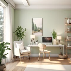 a home office that merges Zen tranquility with modern technology. Picture minimalist furniture, calming colors like soft greens and whites, and smart gadgets seamlessly integrated into the decor