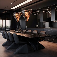 a dining room that doubles as a sculptural masterpiece. Picture matte black sculptural chairs around a custom-designed black marble dining table.