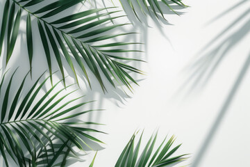 Top view of green tropical palm tree and shadow on white wall background, Minimal fashion summer holiday concept. Flat lay
