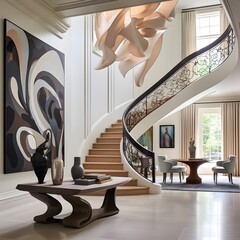 a foyer where a sculptural staircase takes center stage. Picture a staircase with artistic and unconventional design elements