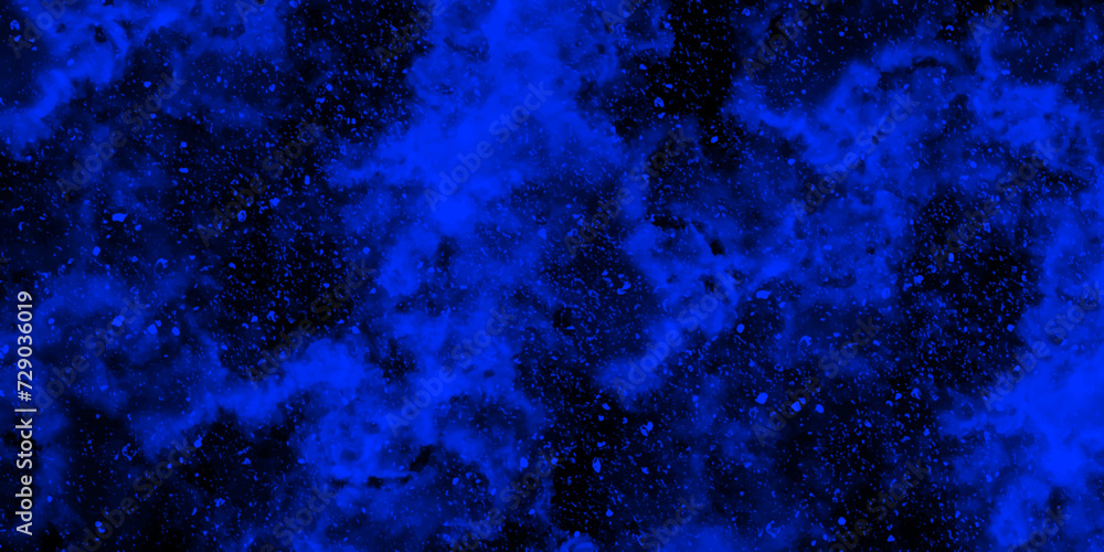 Poster Abstract dynamic particles with soft blue clouds on dark background. Defocused Lights and Dust Particles. Watercolor wash aqua painted texture grungy design