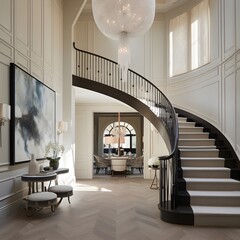 a foyer where a sculptural staircase takes center stage. Picture a staircase with artistic and unconventional design elements