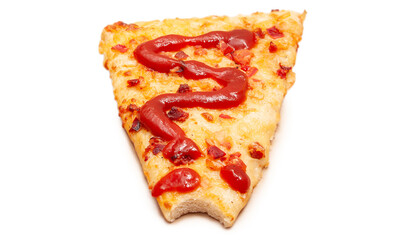 Slice of pizza with bite marks isolated on a white background