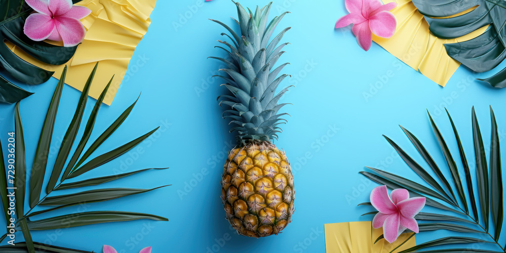 Wall mural Top view pineapple with tropical palm tree and leaves on blue background, Minimal fashion summer holiday concept. Flat lay