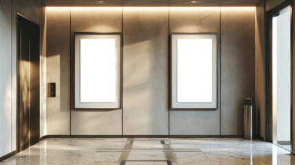 Two blank vertical billboards or poster in the elevator hall