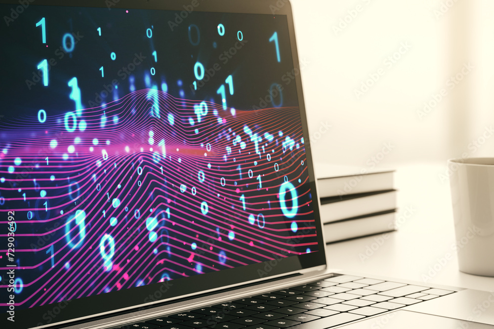 Aufkleber Creative abstract binary code hologram on modern computer monitor, AI and machine learning concept. 3D Rendering