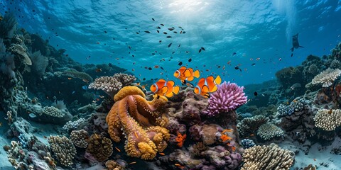 Vibrant underwater seascape with coral and fish. ideal for nature backgrounds. stunning ocean biodiversity display. AI