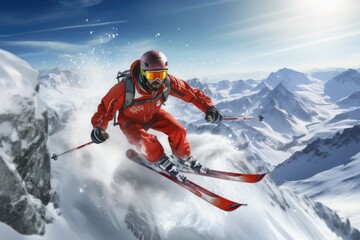 Fototapeta na wymiar Skier in Red Descending Mountain