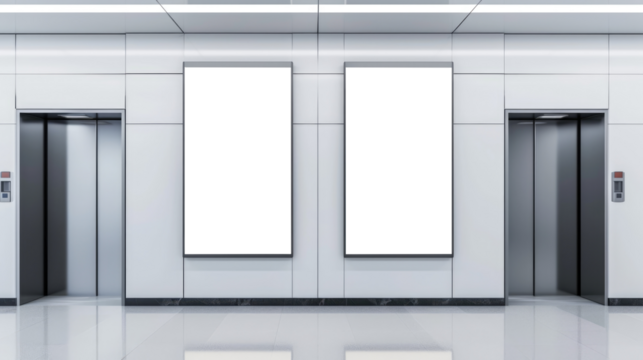 Two blank vertical billboards or poster in the elevator hall