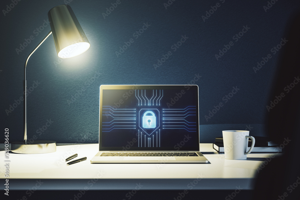 Aufkleber Computer monitor with creative light lock illustration and microcircuit, cyber security concept. 3D Rendering